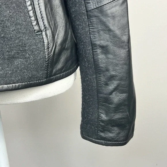 Eileen Fisher Black Leather Wool Zip Up Jacket Size M Moto